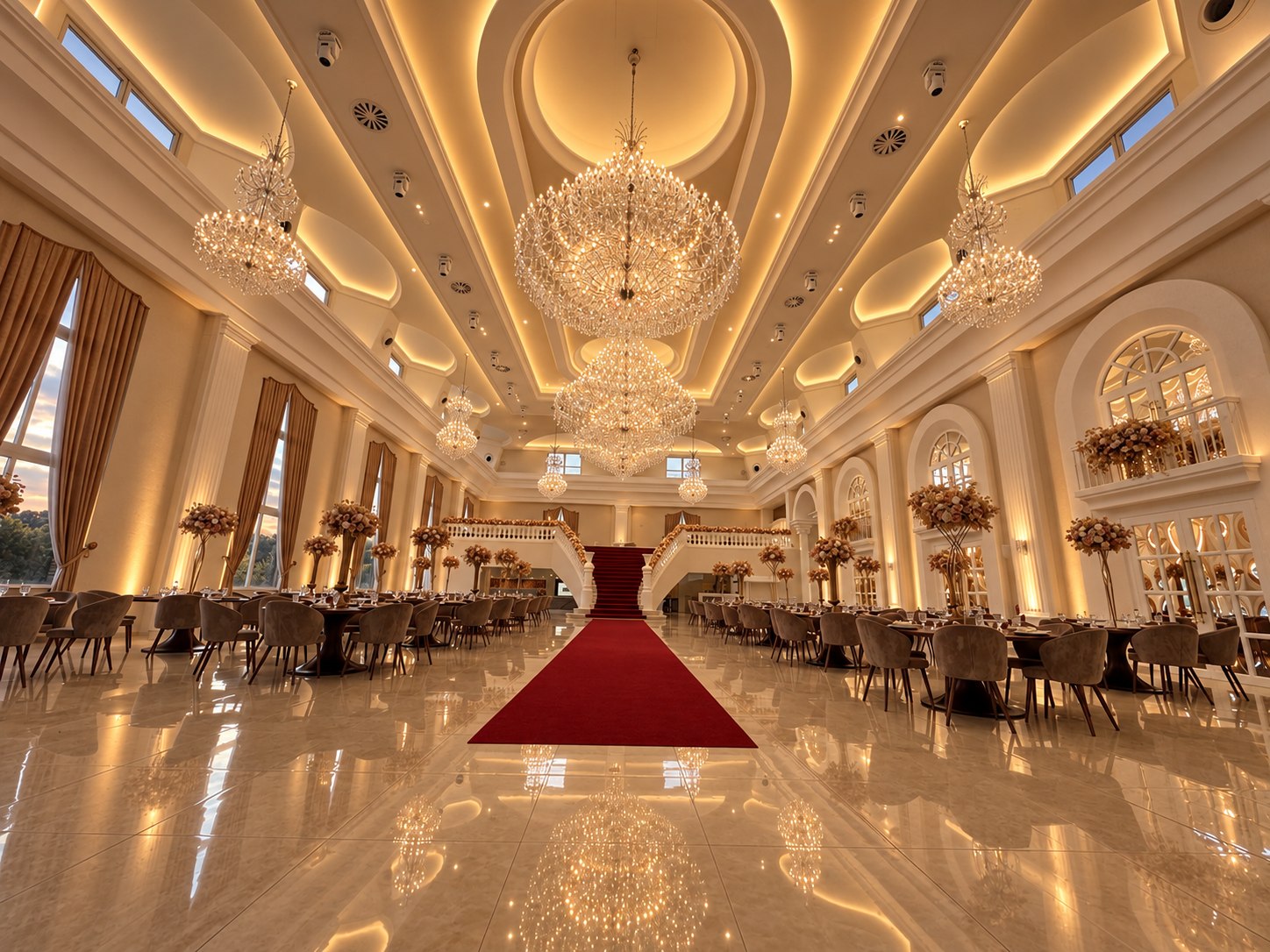 Hauptsaal von The White Palace mit Kronleuchtern, festlicher Bestuhlung und rotem Teppich