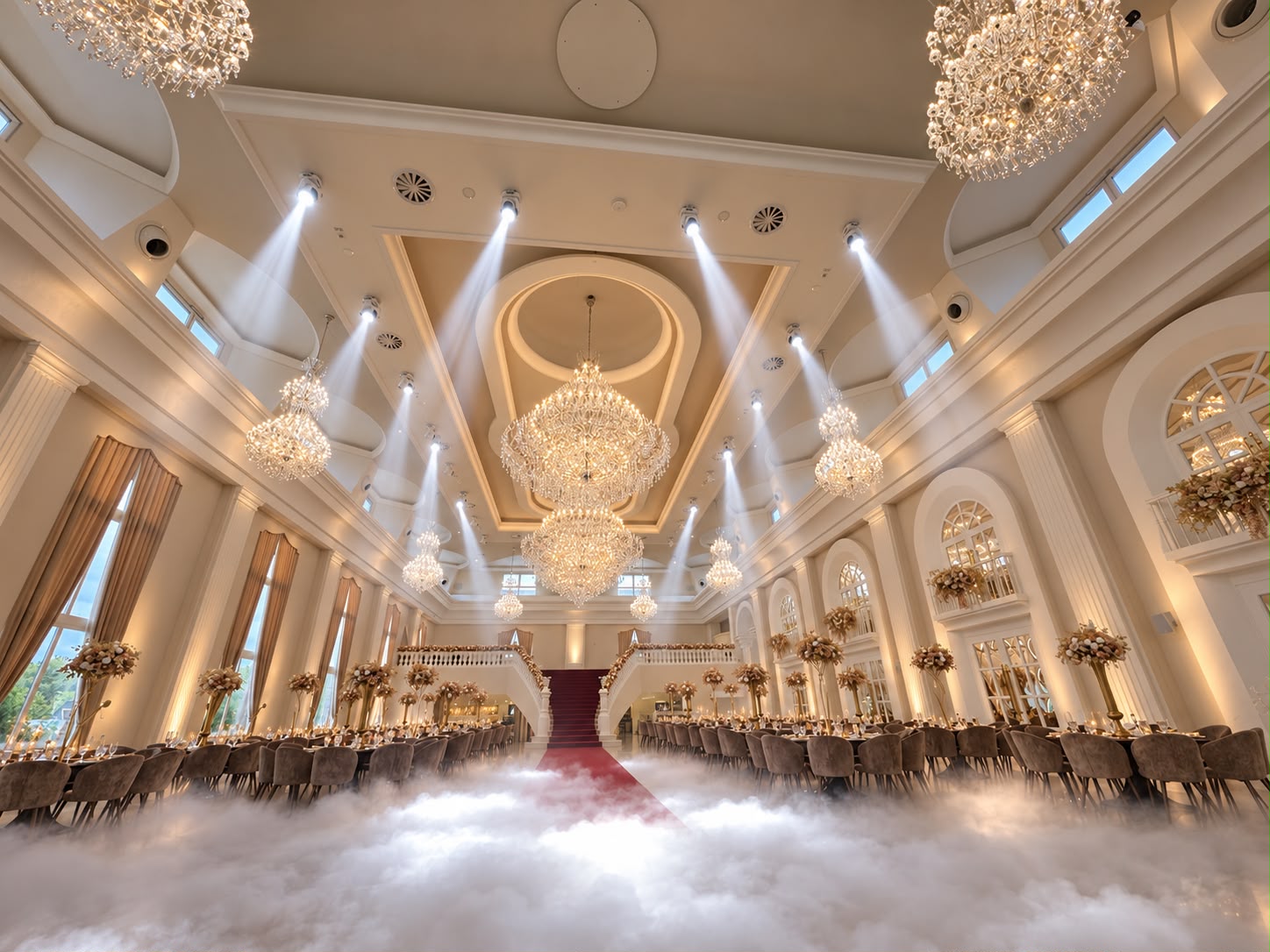 Festsaal von The White Palace mit Kronleuchtern, Bühnenbeleuchtung und festlicher Atmosphäre